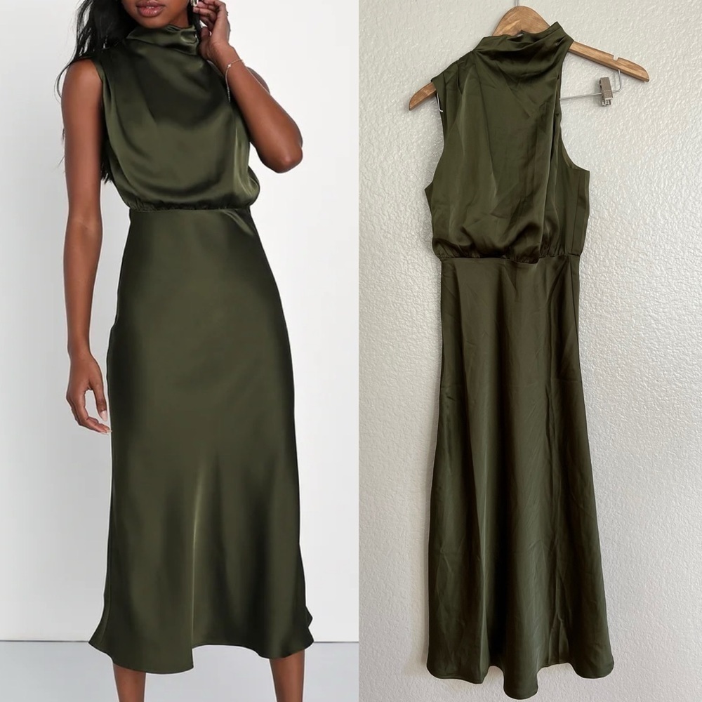 NWOT Distinctive Charm Olive Green Satin Asymmetrical Midi Dress